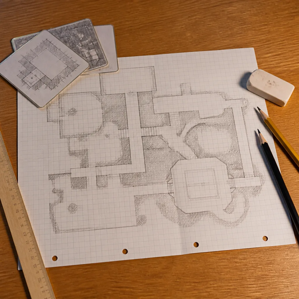 A level layout sketched on grid paper