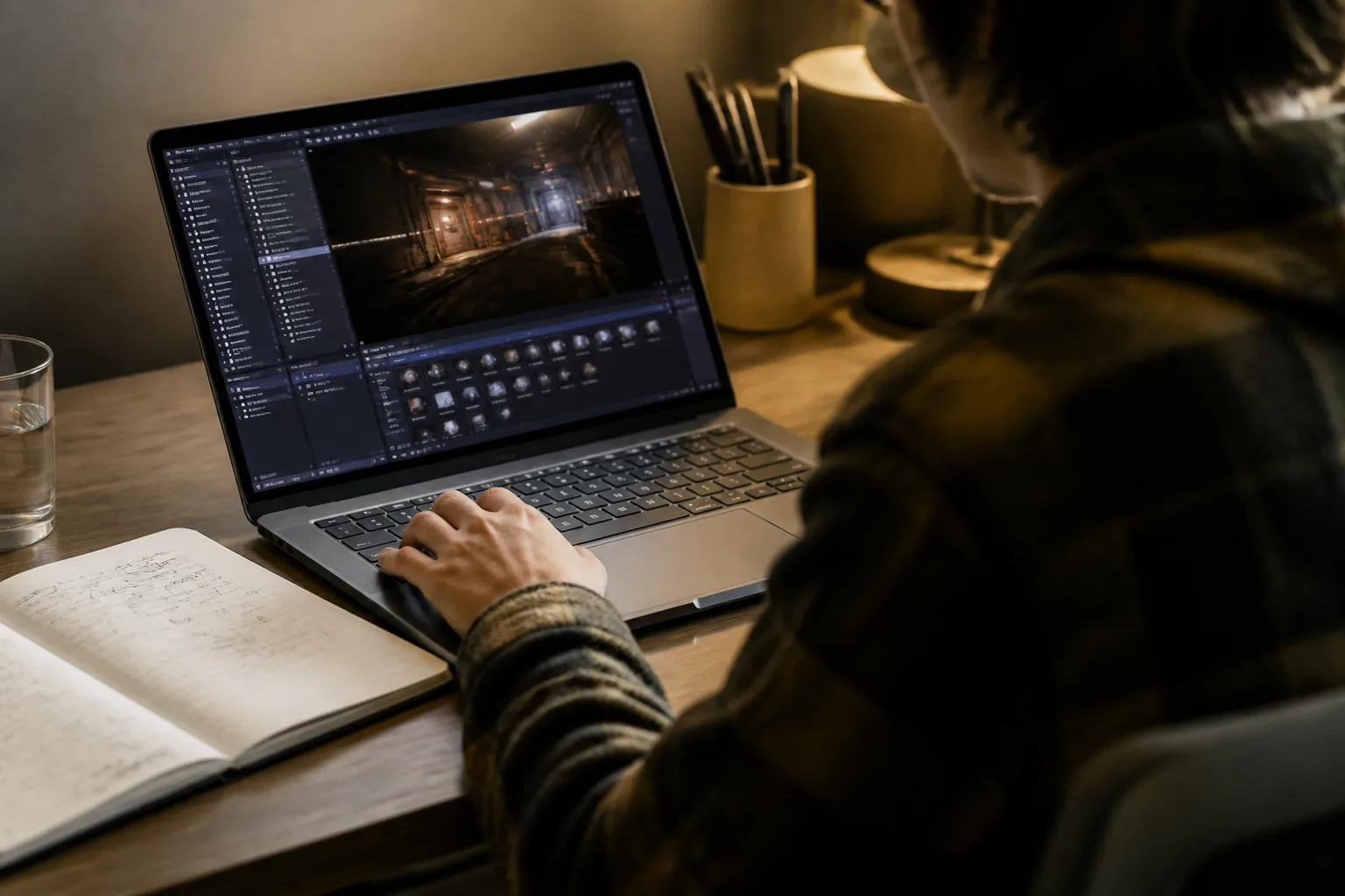 A student prototyping a game on a laptop with a notebook of design notes