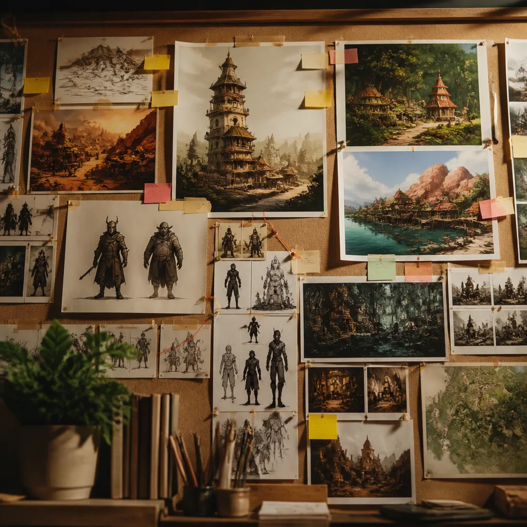 A board of colorful game concept art and level thumbnails